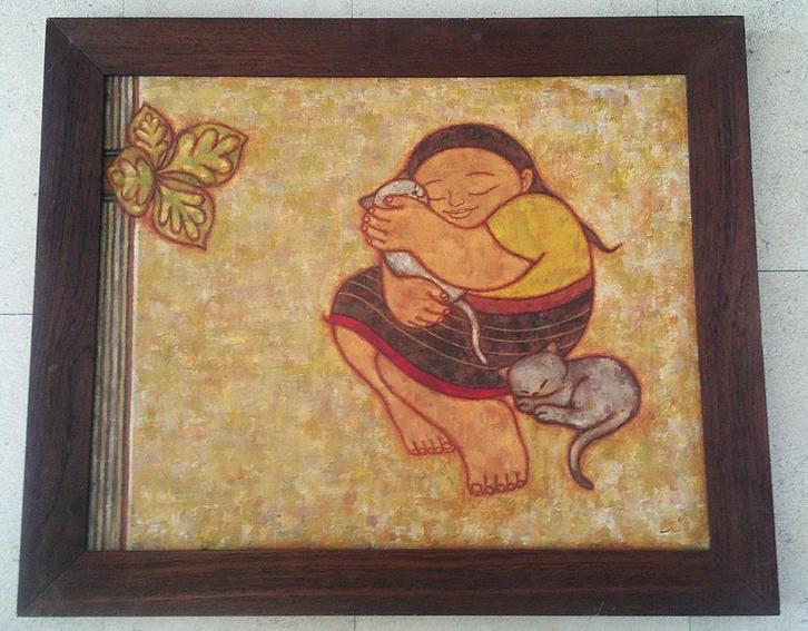 Meisje met 2 poezen ca.1980 - Indiase School - initialen, Antiek en Kunst, Kunst | Schilderijen | Klassiek, Ophalen of Verzenden