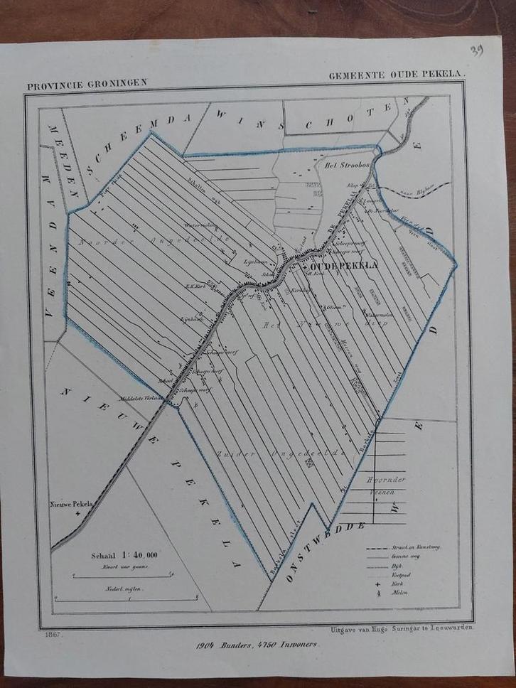 39 / Gemeente Oude Pekela Litho uit 1867 van J. Kuyper, Antiek en Kunst, Kunst | Litho's en Zeefdrukken, Ophalen of Verzenden