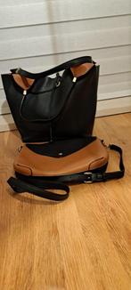 Donkerblauwe/cognac tas met + klein tasje in dezelfde kleur, Ophalen of Verzenden, Zo goed als nieuw, Blauw, Handtas