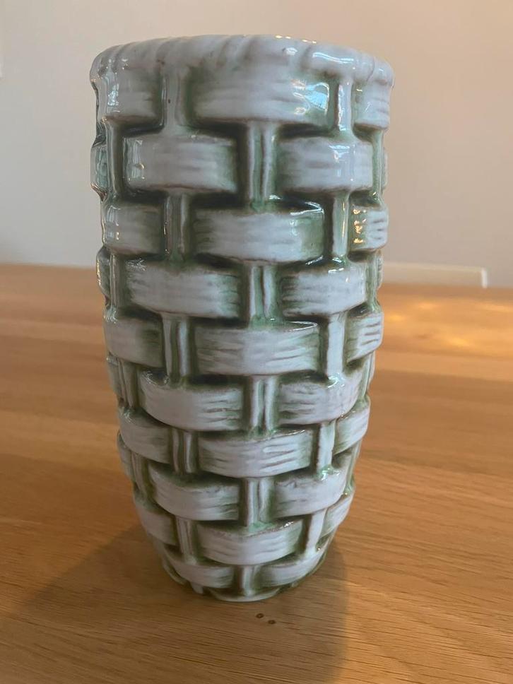 West Germany gevlochten hoge vaas groen grijs retro vintage, Huis en Inrichting, Woonaccessoires | Vazen, Zo goed als nieuw, Groen