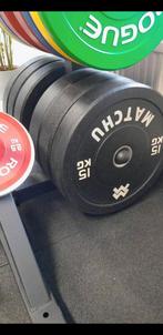 Squat rack + bumper plates 150kg + olympische barbell 20kg, Ophalen, Zo goed als nieuw