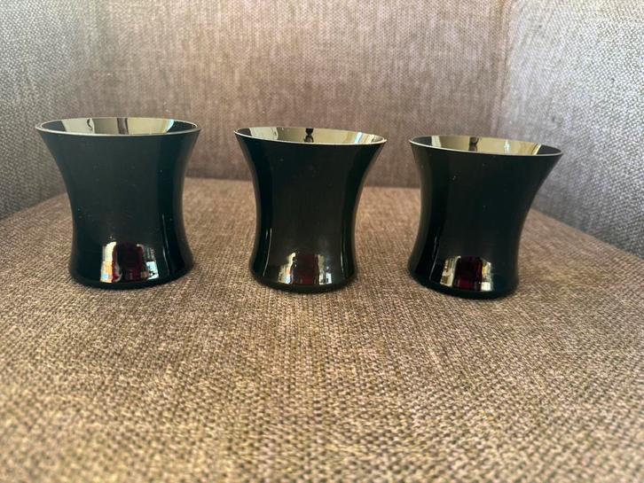 Drie zwarte glazen vaasjes van PTMD Collection, Huis en Inrichting, Woonaccessoires | Vazen, Zo goed als nieuw, Zwart, Minder dan 50 cm