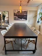 Tafel met houten dik blad en stalen onderstel 3.5 x 1.1 mtr, Huis en Inrichting, Tafels | Eettafels, Ophalen, Gebruikt, 100 tot 150 cm