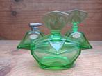 Oude art deco parfumflesjes en bakje kristal uranium glas, Antiek en Kunst, Antiek | Glas en Kristal, Ophalen of Verzenden