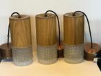 3x Vintage midcentury hanglampen Met Teak en glas kenmerken, Ophalen, Huis en Inrichting
