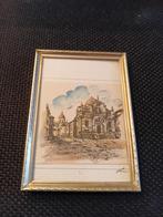 Vintage kleine Ingelijste Tekening Stadsgezicht met glas, Antiek en Kunst, Verzenden