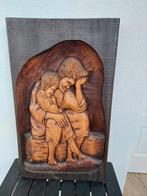 Zwaar Houten Wanddecoratie vader en Kind, Antiek en Kunst, Kunst | Beelden en Houtsnijwerken, Ophalen of Verzenden