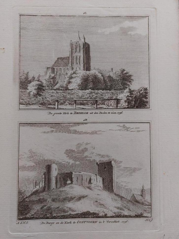 467-468 / Grote kerk Brielle en e Burgt en kerk Oostvoorn, Antiek en Kunst, Kunst | Etsen en Gravures, Ophalen of Verzenden
