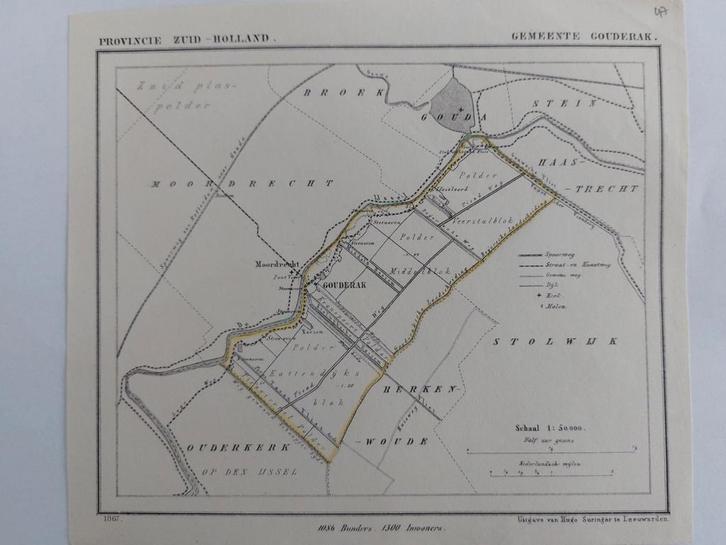 47 / Gouderak Gouda Moordrecht Litho uit 1867 van J. Kuyper, Antiek en Kunst, Kunst | Litho's en Zeefdrukken, Ophalen of Verzenden