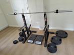 Halterset incl. gewichten, squat stands en deadlift deadener, Sport en Fitness, Fitnessmaterialen, Ophalen, Zo goed als nieuw
