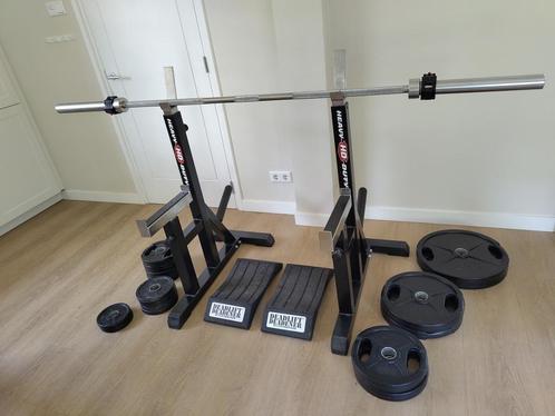 Halterset incl. gewichten, squat stands en deadlift deadener, Sport en Fitness, Fitnessmaterialen, Zo goed als nieuw, Halterset