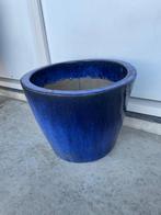 Grote blauw geglazuurde bloempot, Tuin en Terras, Bloempotten, Gebruikt, Rond, Binnen, Aardewerk