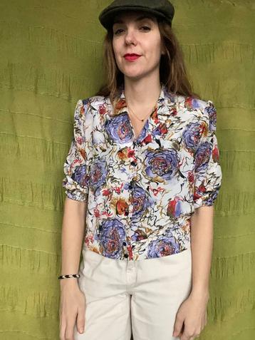 Vintage blouse / shirt - print - Lila - bloemen - 38/M beschikbaar voor biedingen