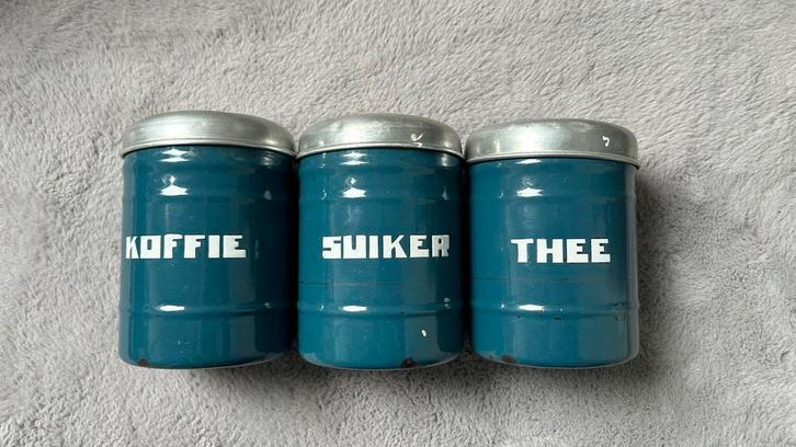 Vintage Emaille Voorraadbussen - Koffie, Suiker, Thee, Huis en Inrichting, Keuken | Keukenbenodigdheden, Gebruikt, Ophalen of Verzenden