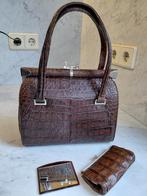 Vintage donkerbruin Croco Handtas met Portemonnee en Spiegel, Sieraden, Tassen en Uiterlijk, Tassen | Damestassen, Ophalen of Verzenden
