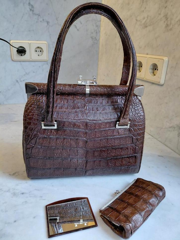 Vintage donkerbruin Croco Handtas met Portemonnee en Spiegel, Sieraden, Tassen en Uiterlijk, Tassen | Damestassen, Zo goed als nieuw