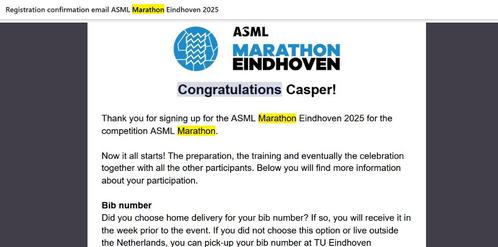 Startbewijs ASML hele marathon Eindhoven 12 okt, Tickets en Kaartjes, Evenementen en Festivals, Eén persoon