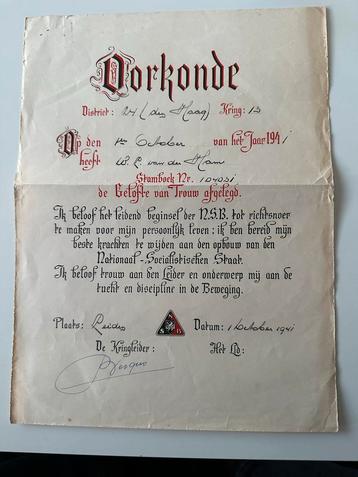 NSB Trouw Gelofte Oorkonde 1941 beschikbaar voor biedingen