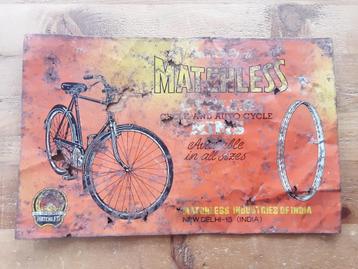 OUD METALEN FIETS RECLAMEBORD MATCHLESS INDIA ,GEEN LANGCAT beschikbaar voor biedingen