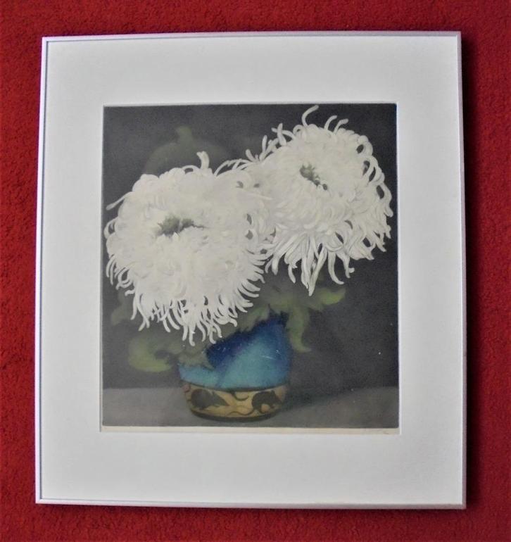Frans Everbag. (1877-1947). Witte chrysanten in vaas:1923., Antiek en Kunst, Kunst | Etsen en Gravures, Ophalen