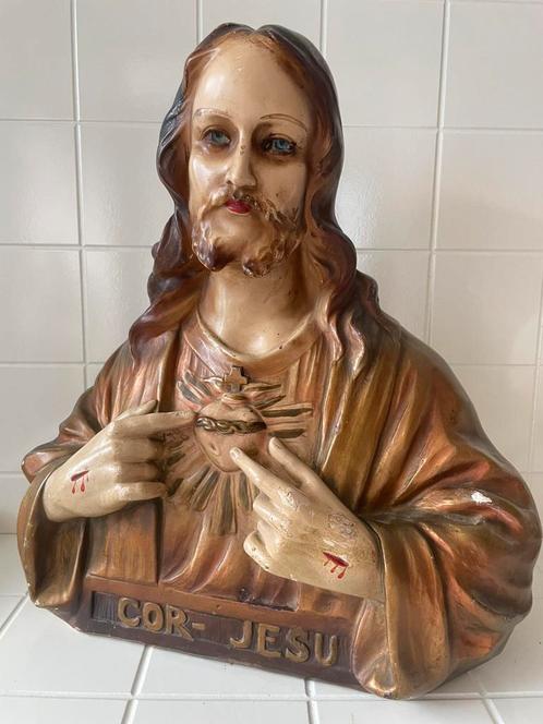 Zeer bijzonder borstbeeld Heilige Hart Jezus gesigneerd, Antiek en Kunst, Antiek | Religie, Ophalen