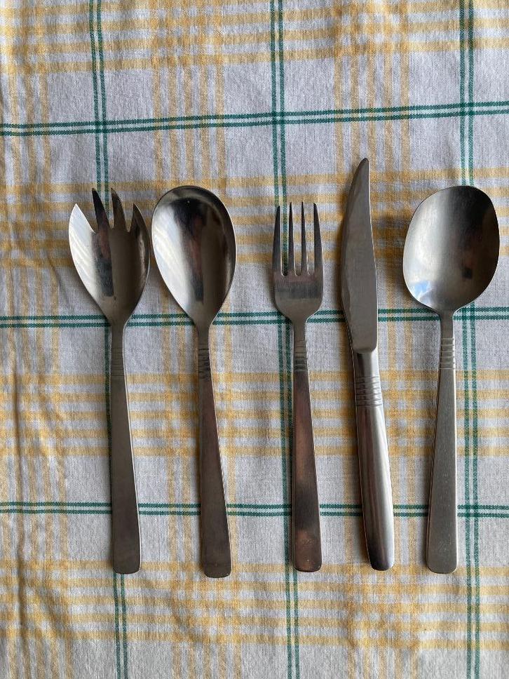 Gero Zilmeta set– tafelmes, vork, lepel + saladecouvert–1950, Huis en Inrichting, Keuken | Bestek, Gebruikt, Bestekset, Rvs of Chroom