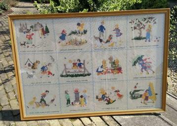 Prachtig geborduurd schilderij 12 oude kinderversjes liedjes beschikbaar voor biedingen