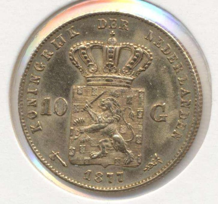 Nederland gouden tientje 1877 Willem 3, Postzegels en Munten, Edelmetalen en Baren, Goud, Ophalen of Verzenden