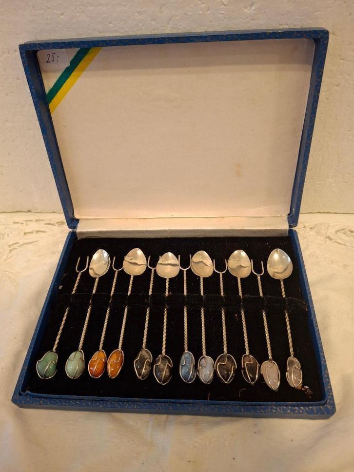 6 seventies lepeltjes & 6 cocktailvorkjes - halfedelstenen, Antiek en Kunst, Antiek | Bestek, Ophalen of Verzenden