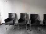6 Zwarte Leren Eetkamerstoelen op Wieltjed, Huis en Inrichting, Stoelen, Ophalen, Gebruikt, Zwart, Leer