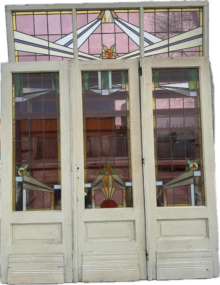 Openslaande deur met zijpanelen en bovenlicht glas in lood., Antiek en Kunst, Curiosa en Brocante, Ophalen