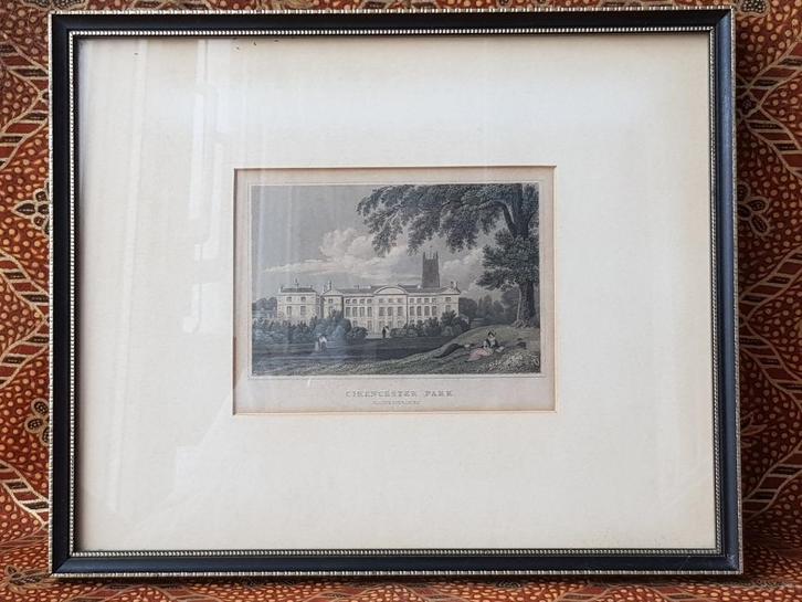 Cirencester park mooie antieke ingelijste ets uit Engeland., Antiek en Kunst, Kunst | Etsen en Gravures, Ophalen of Verzenden