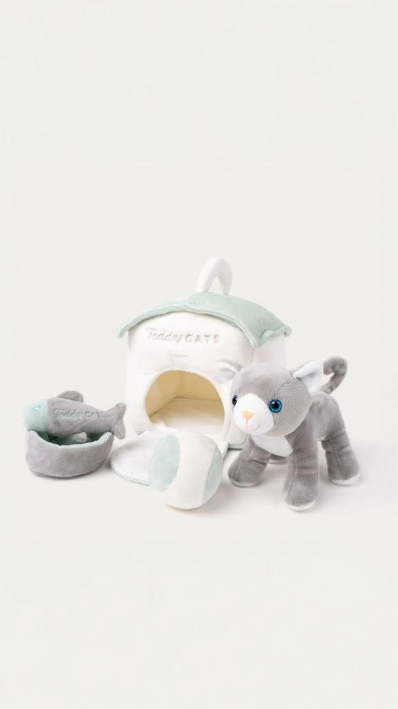 Zacht Teddy Cats set: huisje, kat, voerbakje, visje en bal, Ophalen of Verzenden, Nieuw