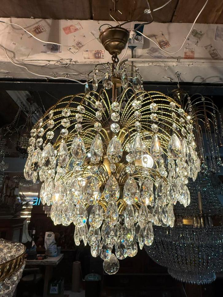Prachtige mid century kristallen lamp, Huis en Inrichting, Lampen | Kroonluchters, Gebruikt, Glas, Metaal, Ophalen of Verzenden