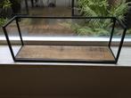 Wandplank, boekenplank, zwart metaal, teakhout, 90x17x25 cm, Huis en Inrichting, Ophalen of Verzenden, Zo goed als nieuw