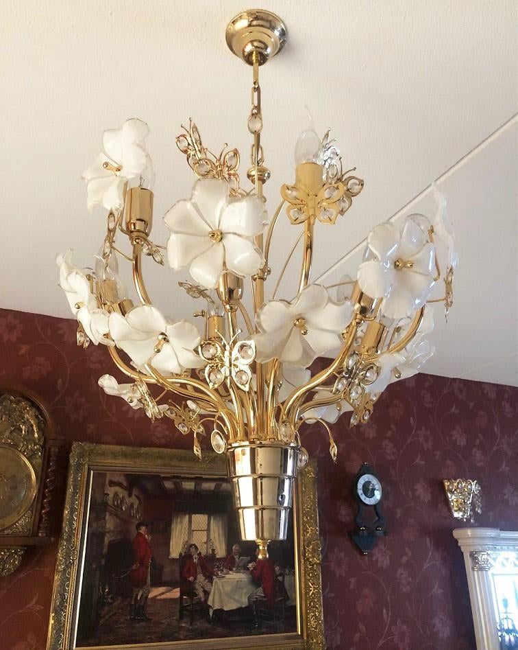 Kroonluchter bloemen met kristal Capodimonte hanglamp goud, Ophalen of Verzenden, Glas, Klassiek