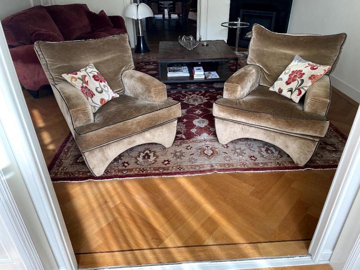 Paar vintage fauteuils., Huis en Inrichting, Fauteuils, Gebruikt, Hout, Stof, 75 tot 100 cm, Minder dan 75 cm, Ophalen