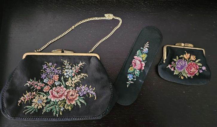 Hand tas set Petit Point-borduurwerk antiek vintage, Antiek en Kunst, Antiek | Kleding en Accessoires, Ophalen of Verzenden