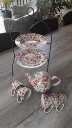 Theepot, 4 bekers en etagère rozenprint, Gebruikt, Overige typen, Ophalen of Verzenden, Overige stijlen