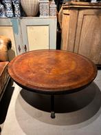 Antieke ronde bijzettafel met ingelegd leer, Ophalen of Verzenden