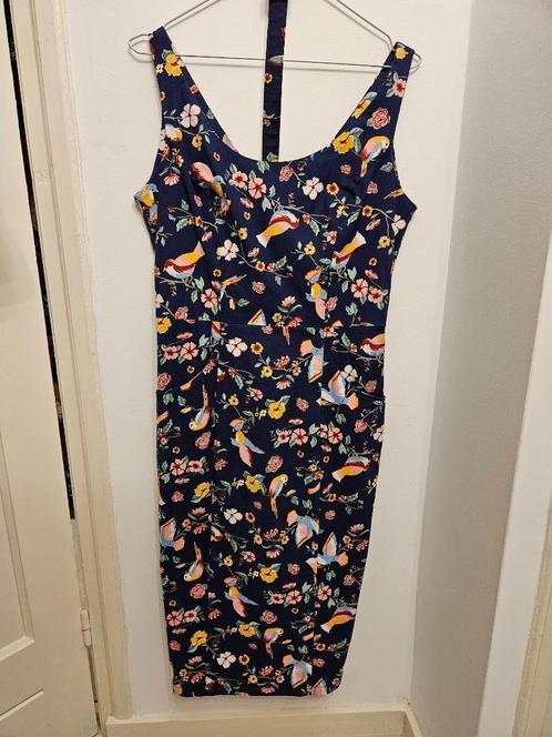 Blauwe pencil jurk met vogeltjes van Collectif maat L, Kleding | Dames, Jurken, Nieuw, Maat 38/40 (M), Blauw, Onder de knie, Ophalen of Verzenden
