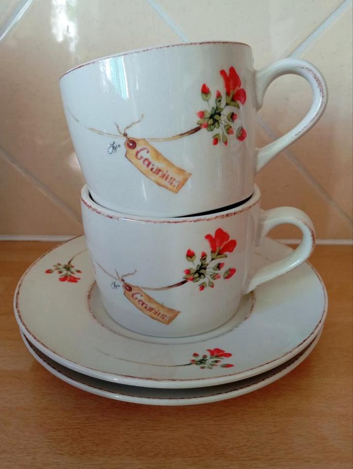 Jet ter Steege 2 kop & schotels Geranium, Huis en Inrichting, Keuken | Servies, Zo goed als nieuw, Kop(pen) en/of Schotel(s), Overige stijlen