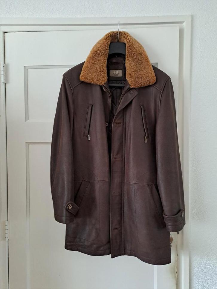 leren herenjas met bontkraag, Kleding | Heren, Jassen | Zomer, Gedragen, Maat 48/50 (M), Bruin, Ophalen