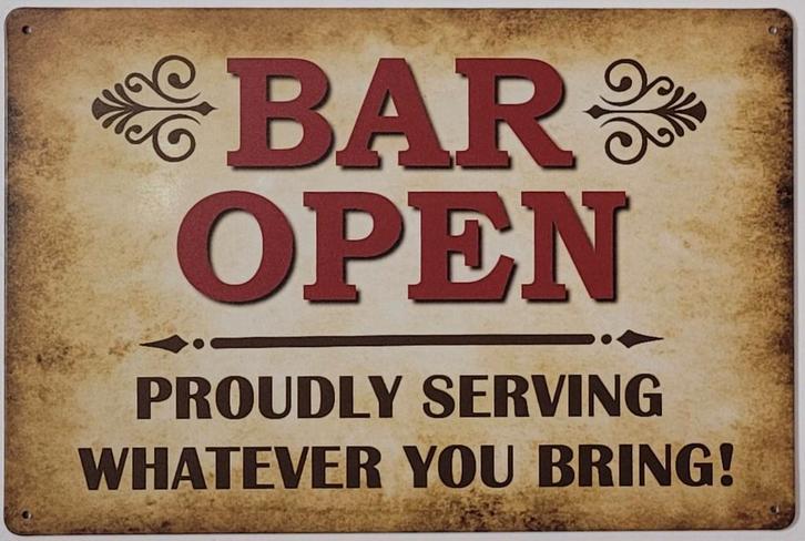 Bar open proudly serving reclamebord van metaal wandbord, Huis en Inrichting, Woonaccessoires | Tekstborden en Spreuken, Nieuw