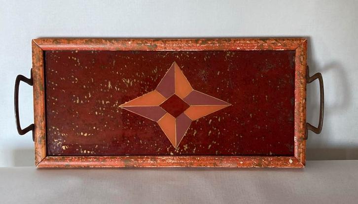 Vintage art deco beschilderd glas en houten dienblad, Huis en Inrichting, Woonaccessoires | Dienbladen, Gebruikt, Hout, Rechthoekig