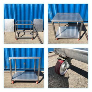 Zware mobiele kleine rvs tafel met losse plaat elementen beschikbaar voor biedingen