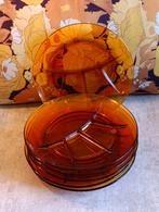 Vintage 6 Duralex France amberkleurige fondue/gourmet borden, Gebruikt, Ophalen of Verzenden, Glas, Bord(en)