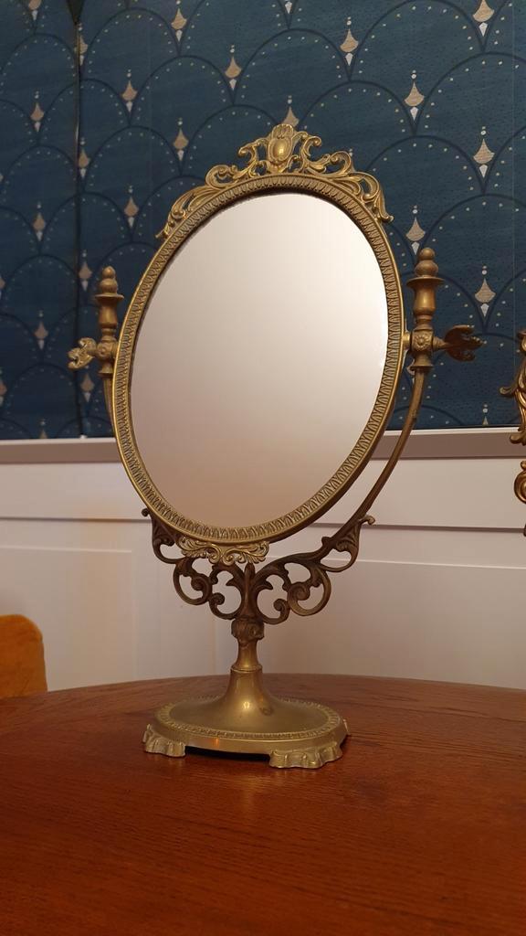 Oude Messing Kaptafel Spiegel, Antiek en Kunst, Antiek | Spiegels, Minder dan 50 cm, Ovaal, Ophalen
