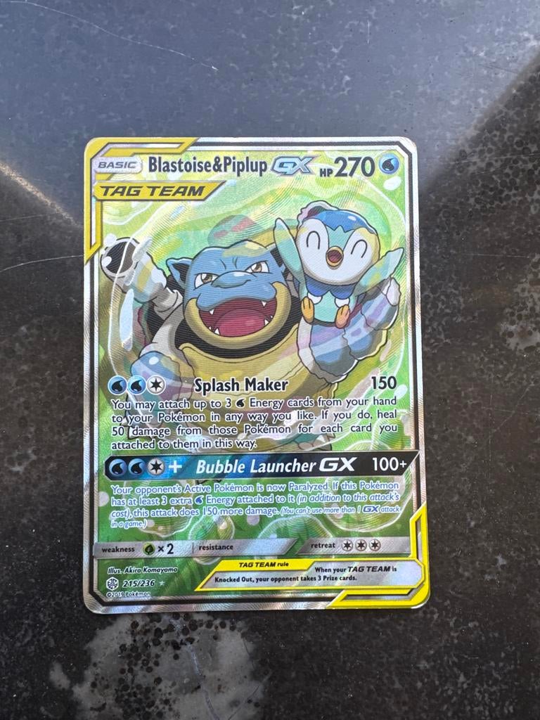 Blastoise & Piplup GX TAG TEAM Pokémon kaart 215/236, Ophalen of Verzenden, Zo goed als nieuw, Losse kaart, Foil
