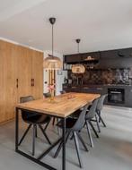 Eettafel zwart metalen frame en op maat gemaakt, 200 cm of meer, 50 tot 100 cm, Zo goed als nieuw, Vijf personen of meer